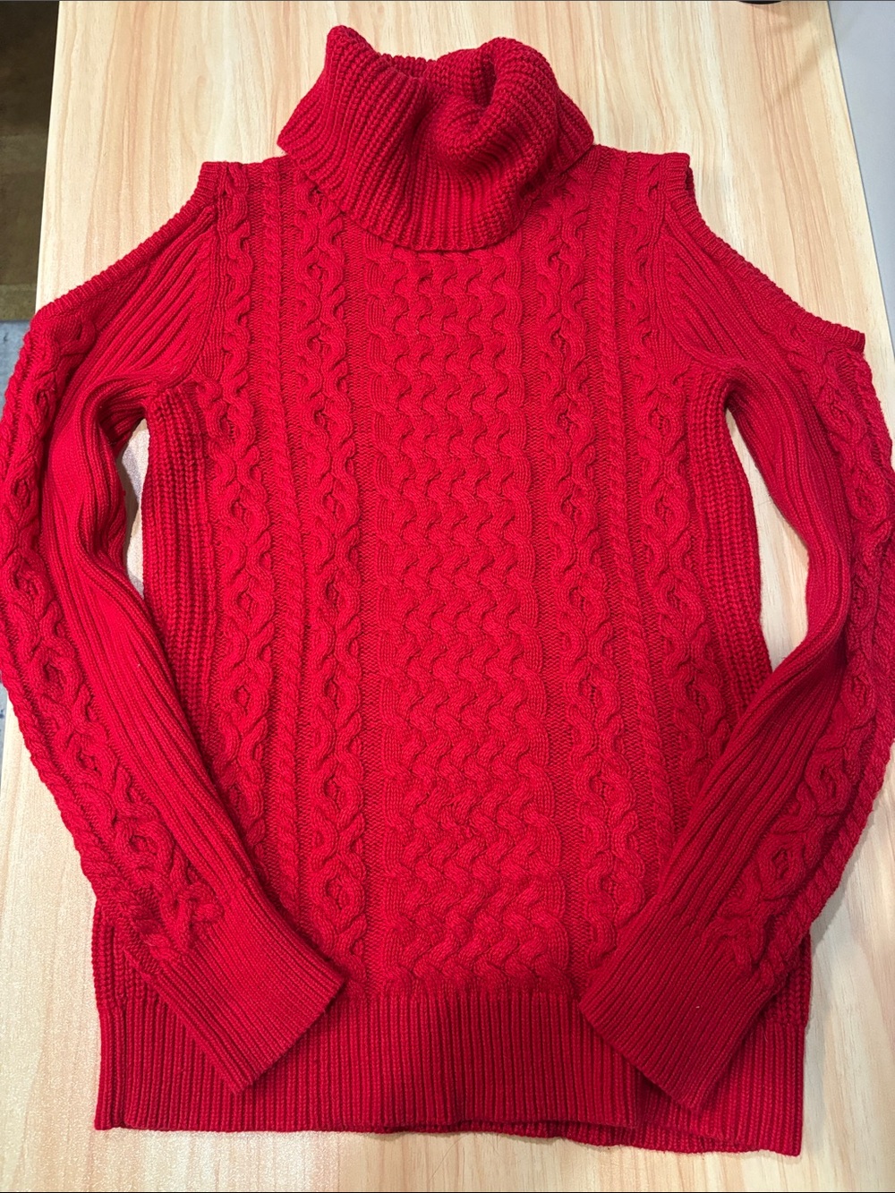 Ruff Hewn Red Cable-Knit Cold-Shoulder Turtleneck Sweater